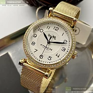 COACH蔻馳精品錶,編號：CH00061,32mm圓形金色精鋼錶殼白色錶盤米蘭金色錶帶