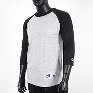 Champion [T137-FB295] 男 七分袖 上衣 棒球T恤 美規 斜肩 拼接 棉質 舒適 穿搭 灰黑 XL 灰/黑