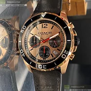 COACH蔻馳精品錶,編號：CH00063,44mm圓形玫瑰金精鋼錶殼玫瑰金色錶盤真皮皮革深黑色錶帶