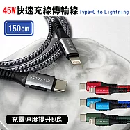 CITY 9V 45W抗彎折超級快充線 PD閃充 Type-C to Lightning 鋁合金傳輸充電線(150cm) 藍色