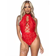 <美國Leg Avenue>蕾格愛妞 紅色高領蕾絲露背彈性連身衣 &bull; 開叉丁字褲內褲 89245