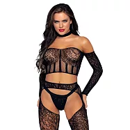 <美國Leg Avenue>蕾格愛妞 3件式黑色蕾絲長袖戰袍 &bull; 蕾絲吊帶襪 &bull; 搭配丁字褲 89278