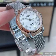 COACH蔻馳精品錶,編號：CH00066,24mm圓形玫瑰金精鋼錶殼白色錶盤米蘭銀色錶帶