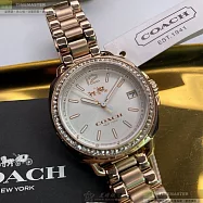 COACH蔻馳精品錶,編號：CH00093,34mm圓形香檳金精鋼錶殼白色錶盤精鋼香檳金錶帶