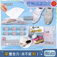 (買2送4超值組)日本小林百貨-免水洗去污亮白鞋靴專用清潔擦拭濕巾12入x2包(加送抹布2條+鞋刷2支)