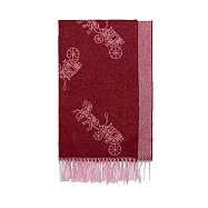 COACH 雙面撞色羊毛經典馬車LOGO圖案流蘇圍巾 深紅