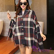 【Decoy】流蘇格紋*開扣式加大保暖披肩圍巾 深藍