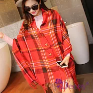 【Decoy】流蘇格紋*開扣式加大保暖披肩圍巾 紅