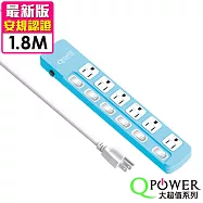 QPower太順電業 太超值系列 TS-366B 3孔6切6座延長線-1.8米 碧藍