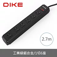 DIKE 工業級鋁合金一開六座電源延長線-2.7M DAH169BK 黑