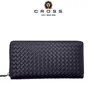 【CROSS】台灣總經銷 限量1折 頂級小牛皮編織紋拉鍊長夾 海倫系列 全新專櫃展示品 (深藍色 贈禮盒提袋)