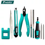 台灣寶工Pro&rsquo;skit模型組裝進階工具組PK-602(10入,含剪鉗.2銼刀.尖頭鑷子.替換式十字/一字起子.加磁消磁器.美工刀.收納盒)