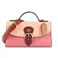 COACH KLEO撞色荔枝紋皮革手提/斜背兩用包- 莓紅x粉橘