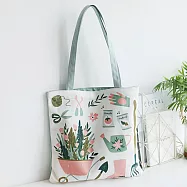 E.City_文青風印花帆布單肩購物提袋 花盆