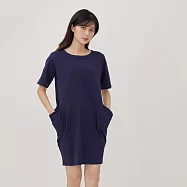 法國小毛圈寬口袋及膝洋裝 F 深藍