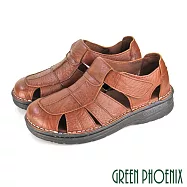 【GREEN PHOENIX】男 涼鞋 護趾 鏤空 手工 寬帶 全真皮 沾黏式 平底 台灣製 US6 咖啡色