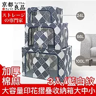 【京都良品】加厚棉麻大容量印花摺疊收納箱 大中小3入組/藍白紋