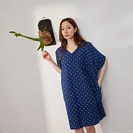 好我_Mindy印花V小領寬口袋洋裝 F 靛藍水玉