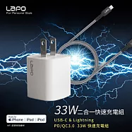 【LAPO】33W氮化鎵二合一快速充電器(白色)+蘋果認證耐彎折PD快充線(1.5M)