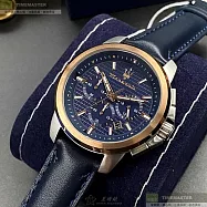 MASERATI瑪莎拉蒂精品錶,編號：R8871621015,44mm圓形玫瑰金精鋼錶殼寶藍色錶盤真皮皮革寶藍錶帶