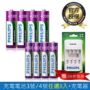 【PHILIPS】USB 4槽低自放鎳氫充電器8入(3號4號自選)