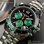 COACH蔻馳精品錶,編號：CH00118,44mm圓形墨綠色精鋼錶殼黑色錶盤精鋼銀色錶帶