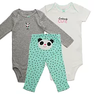 Carter&rsquo;s貓熊短袖+長袖包屁衣+長褲3件組 9M