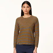 【HAKERS 哈克士】女款 圓領剪接條紋天絲發熱衣 (登山健行/戶外休閒/機能服/長袖/衛生衣/保暖衣/保暖內衣) M 棕黃/灰藍