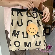 【iSPurple】大英文笑臉*撞色大容量購物手提肩背帆布包 米