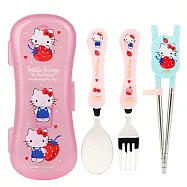 三麗鷗 凱蒂貓 學習餐具 4件組 學習筷 湯匙 叉子 餐具盒 粉色系