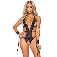 <美國Leg Avenue>蕾格愛妞 2件式黑色纏繞無襠蕾絲性感內衣&bull;搭配蕾絲手銬 81642
