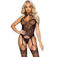 <美國Leg Avenue>蕾格愛妞 超彈性無接縫花卉蕾絲吊帶絲襪連身衣 89292