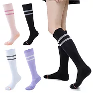 超值2入組!! SPORTS HOUSE 運動休閒潮襪 及膝襪 中筒襪 登山 慢跑 加厚毛圈 吸濕排汗 毛巾底 女款條紋設計 顯瘦高顏值 運動襪 襪子 紫色+白黑色