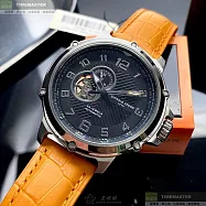 Giorgio Fedon 1919喬治飛登精品錶,編號：GF00094,46mm圓形銀精鋼錶殼黑色錶盤真皮皮革橘錶帶