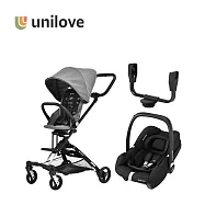 unilove 英國 On The Go馬奇車 成長型輕便 嬰兒手推車 新生兒大全套模式(提籃+結合器+車架+座椅) - 推車(雲霧灰) + 提籃(石墨黑)