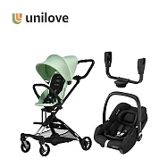 unilove 英國 On The Go馬奇車 成長型輕便 嬰兒手推車 新生兒大全套模式(提籃+結合器+車架+座椅) - 推車(薄荷綠) + 提籃(石墨黑)