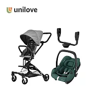unilove 英國 On The Go馬奇車 成長型輕便 嬰兒手推車 新生兒大全套模式(提籃+結合器+車架+座椅) - 推車(雲霧灰) + 提籃(深碧綠)