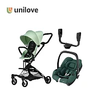 unilove 英國 On The Go馬奇車 成長型輕便 嬰兒手推車 新生兒大全套模式(提籃+結合器+車架+座椅) - 推車(薄荷綠) + 提籃(深碧綠)