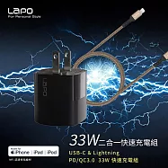 【LAPO】33W氮化鎵二合一快速充電器(黑色)+蘋果認證耐彎折PD快充線(1.5M)金色