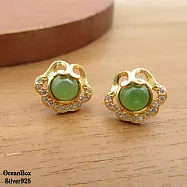 開運好物。如意鏤空款天然和闐碧玉鑲嵌碎鑽925純銀金色耳環 (貼耳耳環)