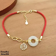 招財納福天然和闐玉鍍金平安扣福字925純銀紅繩手鍊.可調合適手圍 (精緻鍍金)