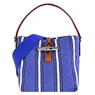 LONGCHAMP ROSEAU ESSENTIAL RAY&Eacute;系列竹節帆布條紋兩用水桶包(小) 鈷藍