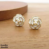 漂亮綻放玫瑰山茶花珍珠滴油金色925純銀耳環.鍍金貼耳耳環