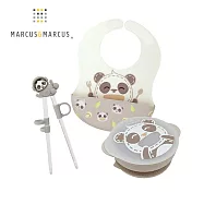 【MARCUS&MARCUS】兒童進階學習餐具3件組-貓熊款(圍兜+學習筷+吸盤碗含蓋)
