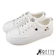 【Pretty】女 休閒鞋 小白鞋 素面 彈性鞋帶 鬆緊帶 免綁帶 平底 EU36 白色