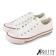 【Pretty】女 帆布鞋 休閒鞋 小白鞋 百搭 綁帶 台灣製 JP23 白色