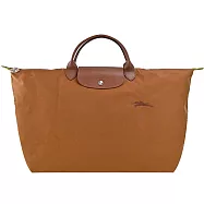LONGCHAMP LE PLIAGE GREEN系列刺繡短把再生尼龍摺疊旅行袋(大) 白蘭地酒