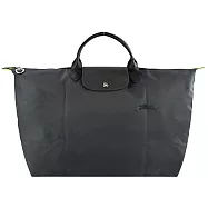 LONGCHAMP LE PLIAGE GREEN系列刺繡短把再生尼龍摺疊旅行袋(大) 石墨灰