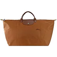 LONGCHAMP LE PLIAGE GREEN系列刺繡短把再生尼龍摺疊旅行袋(特大) 白蘭地酒