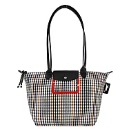 LONGCHAMP LE PLIAGE 系列千鳥格紋帆布長把肩背/斜背包 海軍藍x白蘭地酒